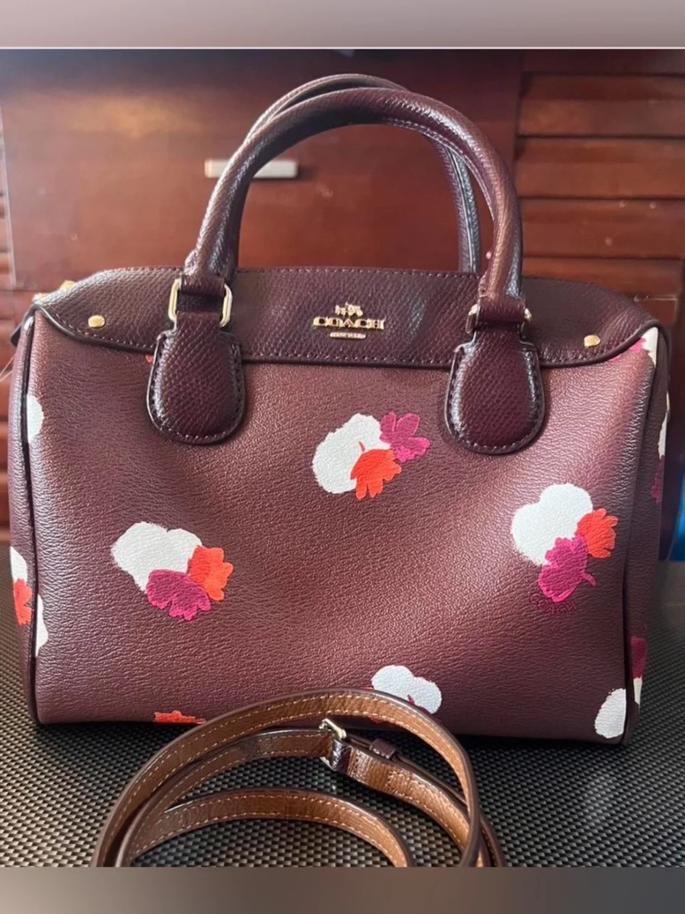 Coach Maroon Floral Leather Satchel with Pink and Orange Accents
